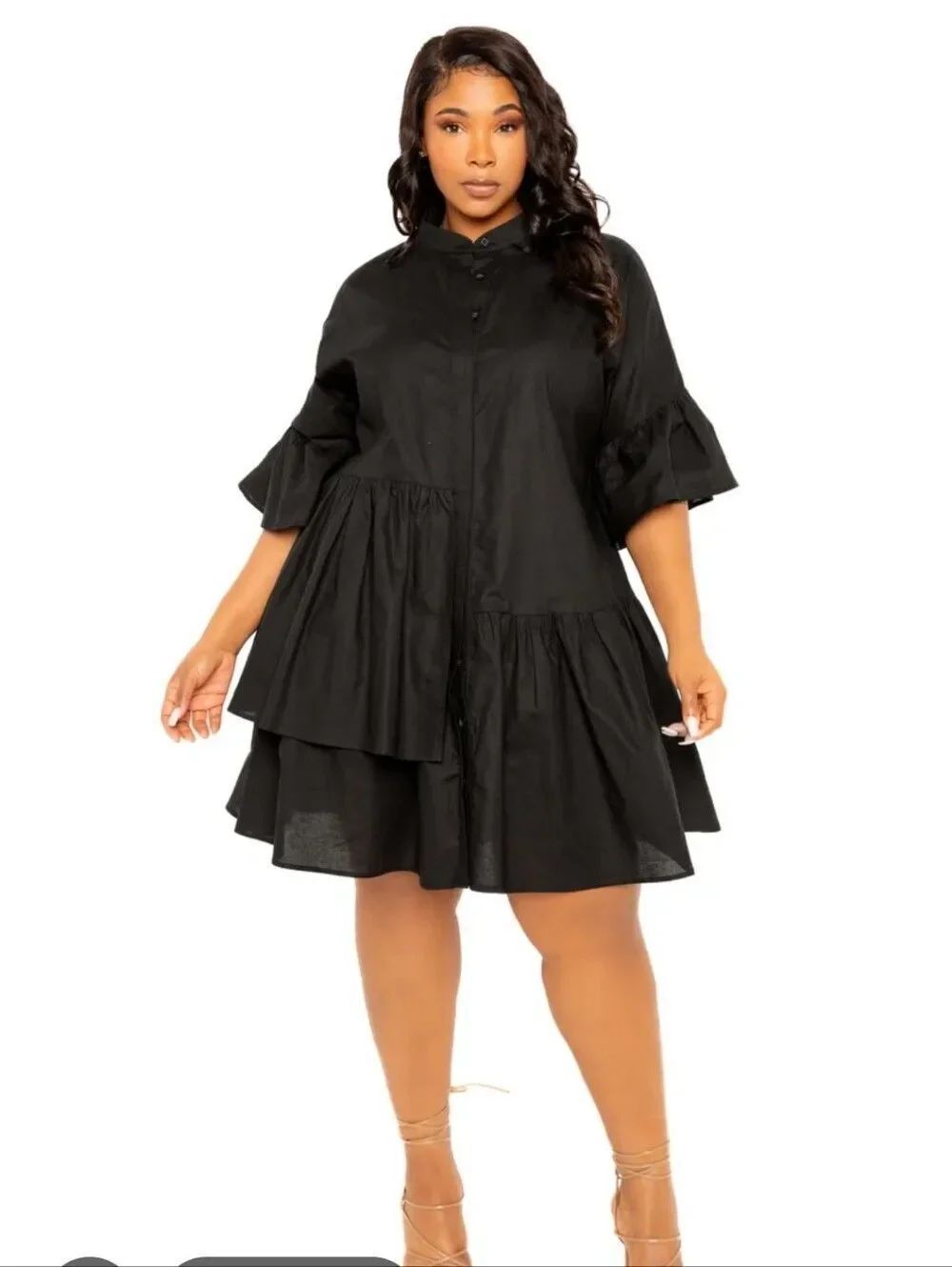 Tiered Button-Front Mini Dress in Black